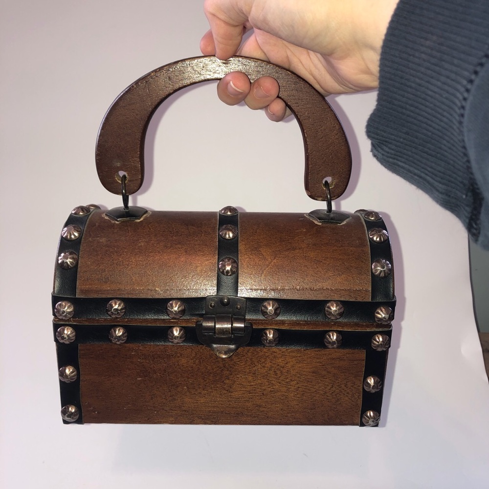 Vtg unique wooden chest mini bag purse clutch